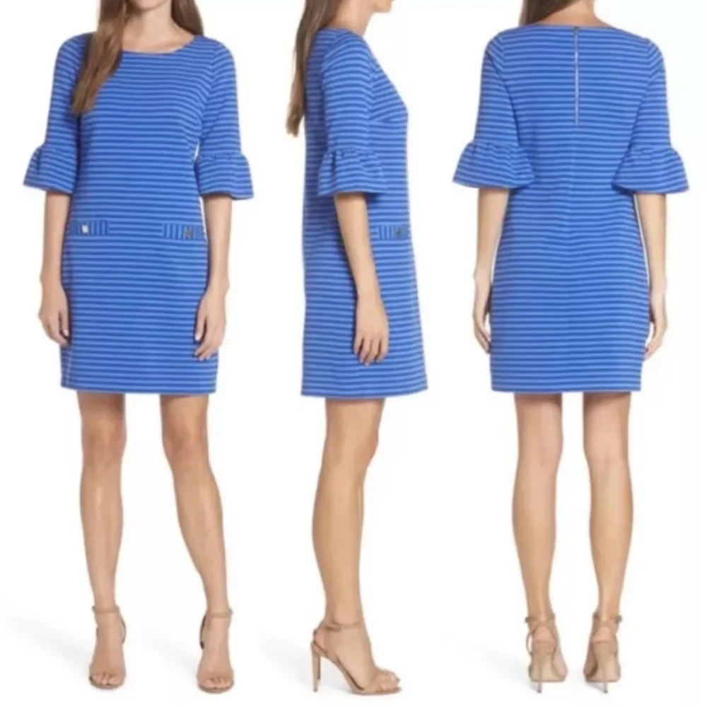 Lilly Pulitzer Alden Blue Grotto Ottoman Striped Bell Sleeve Shift Dress, Medium